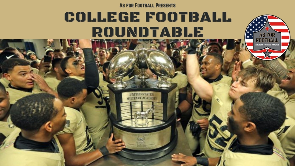 This week, Rob, Dan, and Triggered Joe talk through all the happenings in college football, go deep on all three service academy wins with an emphasis on the Black Knights' win down at Denton, Texas, and then run through the state of the AP Top 10.

Then: what's the best rivalry trophy in college football? Besides the CiC, obviously.

Finally, the guys run through the week to come and, of course, give you their patented Locks of the Week.